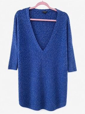Express Royal Blue Deep V-Neck Knit Sweater